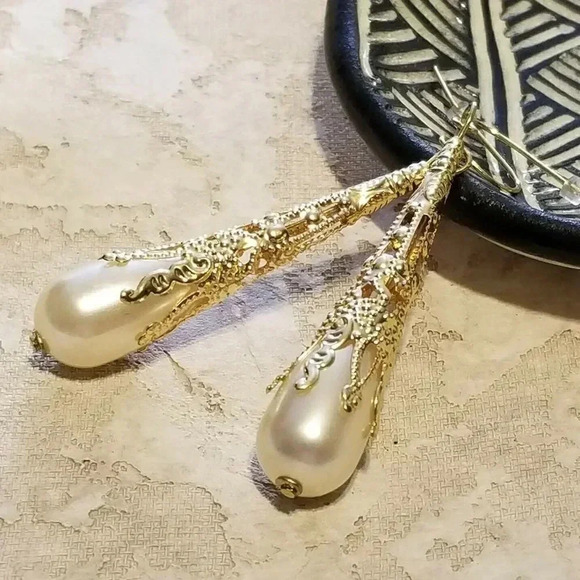 Handcrafted Lacy Gold Filigree Faux Pearl Long Teardrop Earrings - Picture 1 of 9